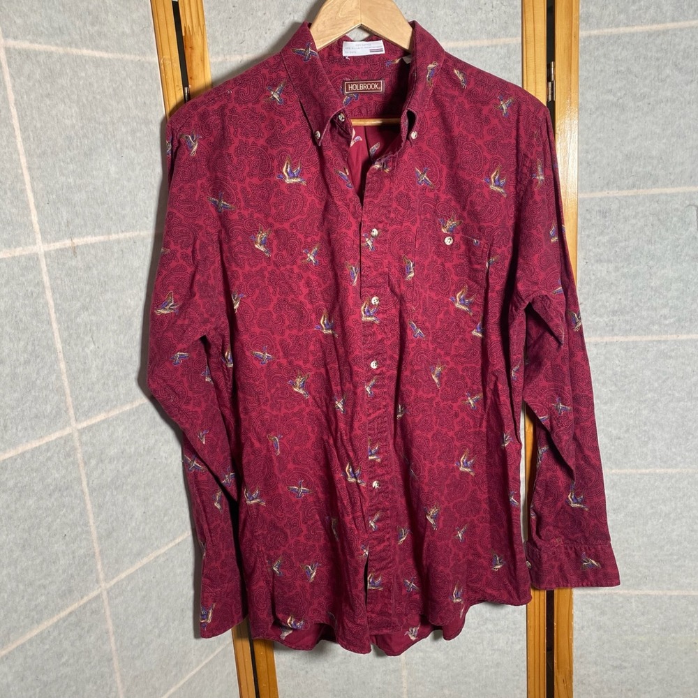 Vintage Holbrook Mens Red Paisley Bird Print‎ Button Down Shirt Long Sleeve Sz L